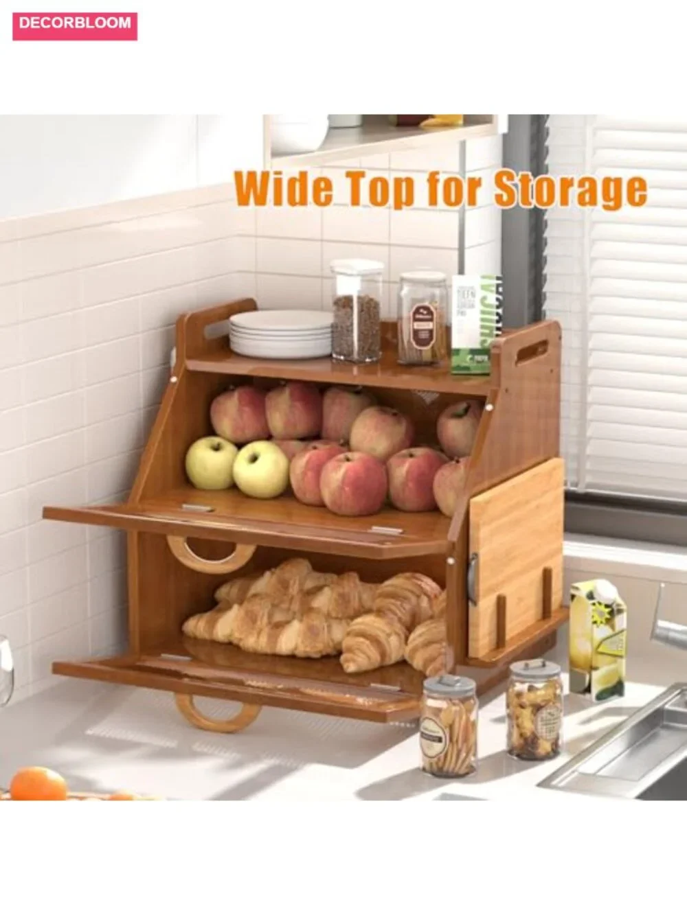 Vintage Wooden Farmhouse Bread Box with Acrylic Window, Double Layer Storage